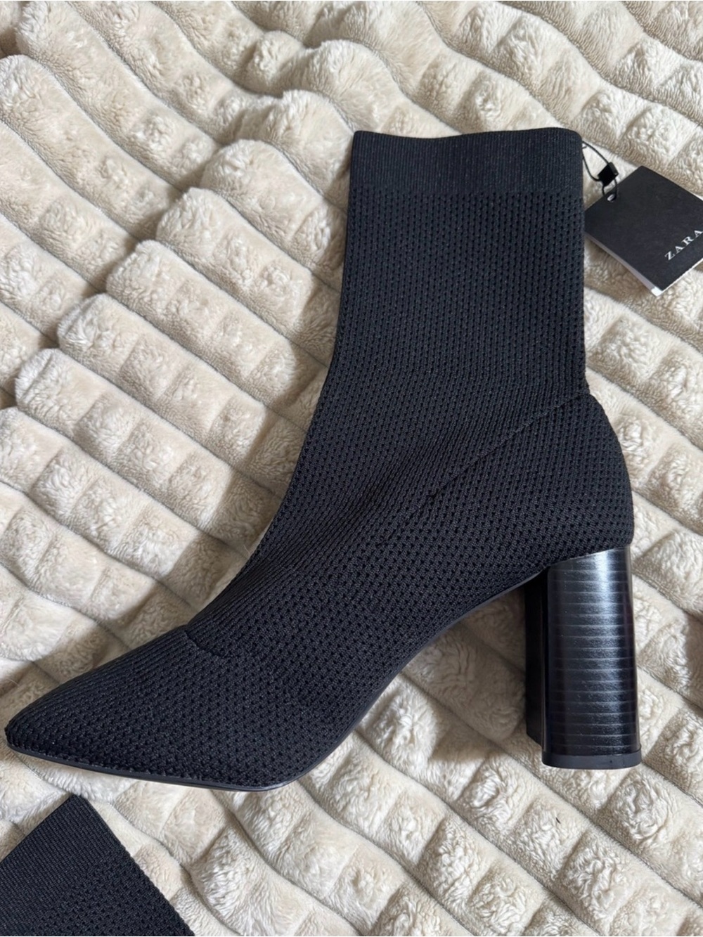 Zara Black Knit almond toe Sock Boot with Stacked Block Heel US 11